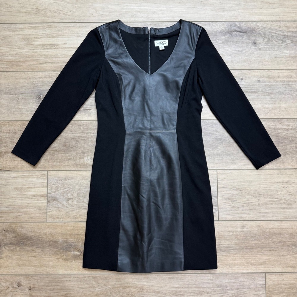 Vakko New York Black Leather Panel Sheath Dress Long Sleeve Minimalist Chic Sz 8
